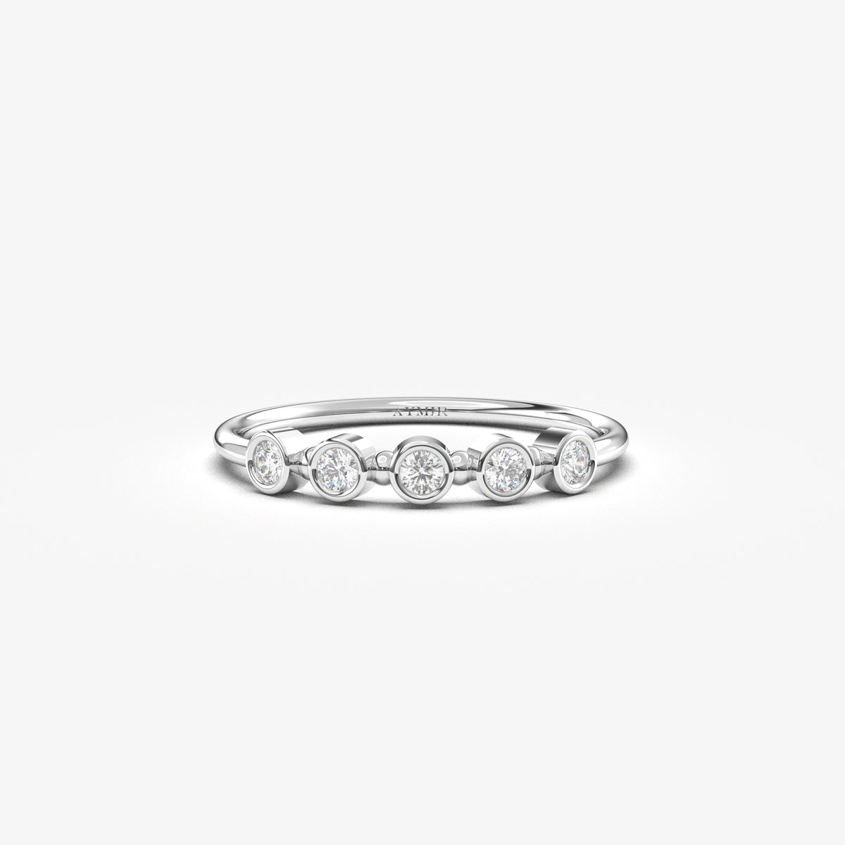 14K white gold five stone bezel ring with natural diamonds, front view