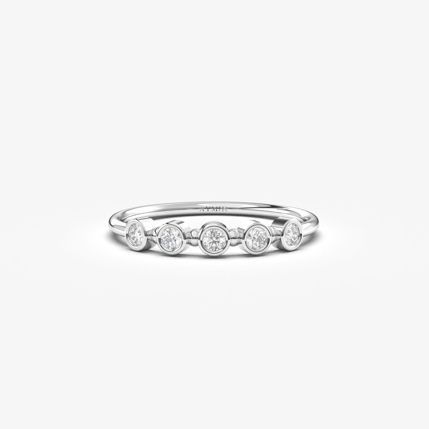 10K white gold five stone bezel ring with cubic zirconia, front view