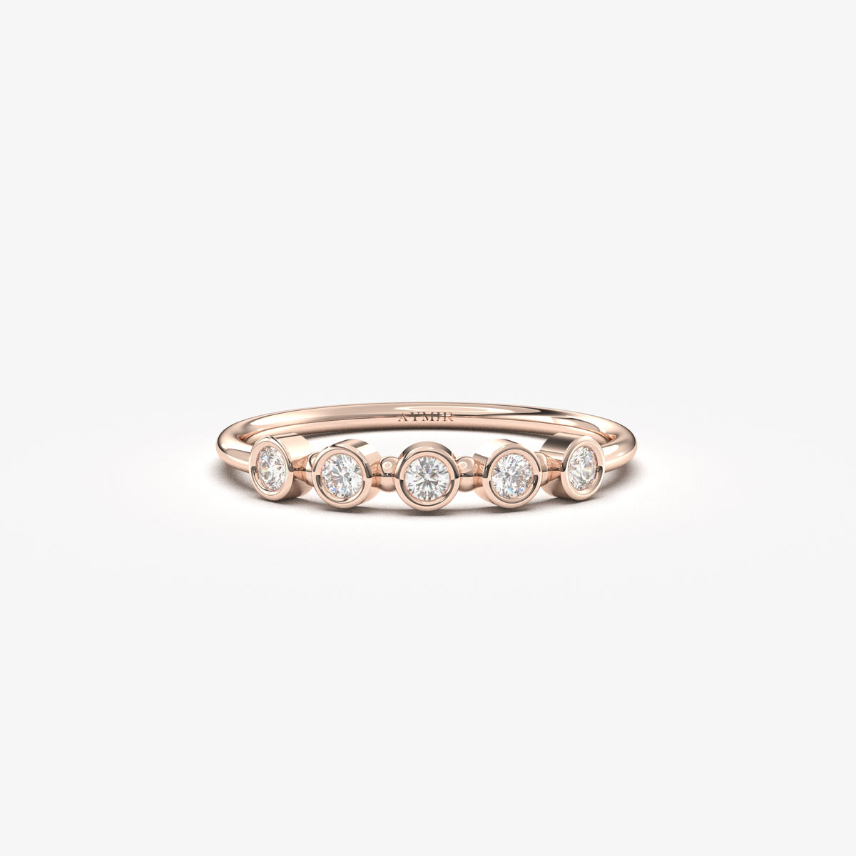 14K rose gold five stone bezel ring with natural diamonds, front view