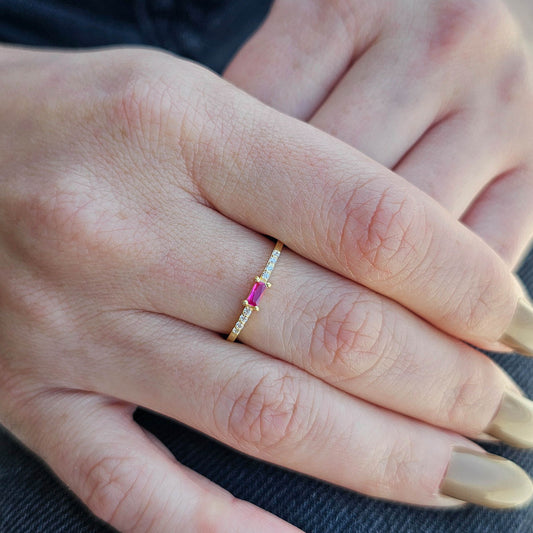 18K Gold Dainty Baguette Ruby and Cz Ring - 2S2RBY