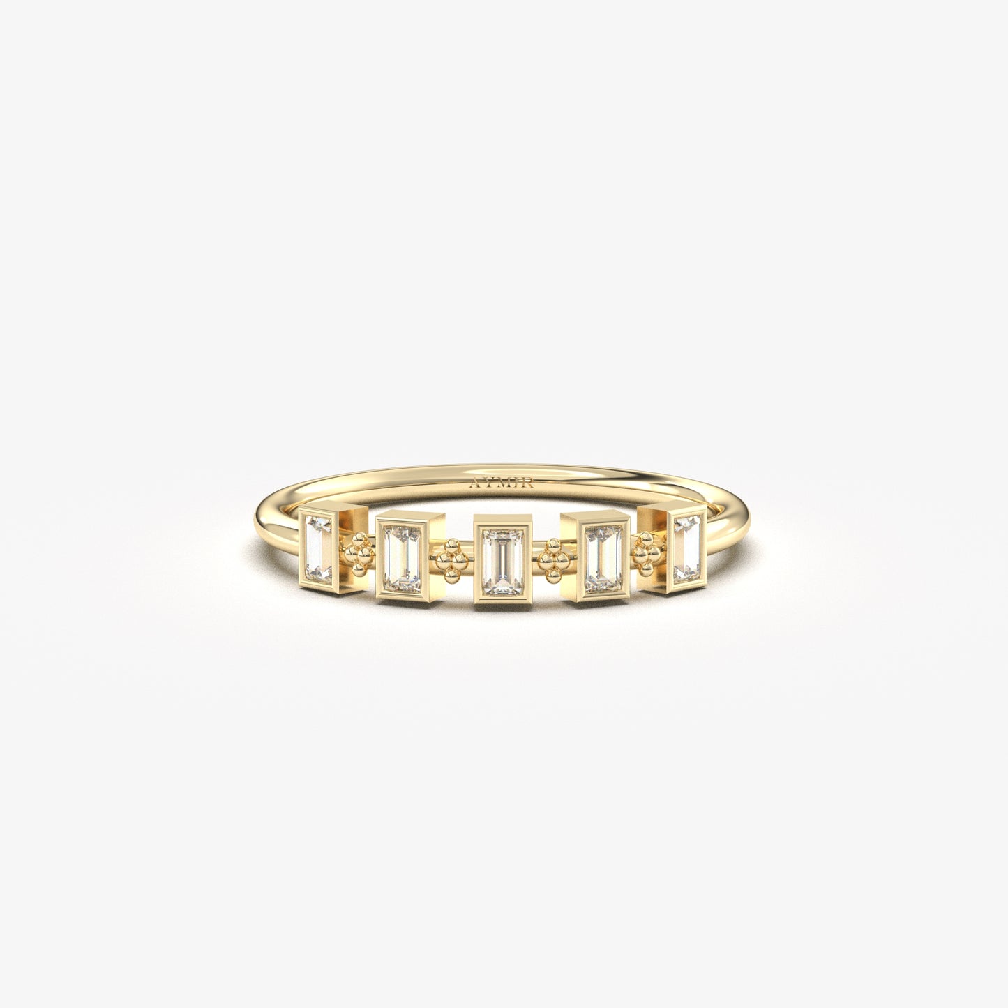 14K yellow gold five baguette bezel ring with cubic zirconia, front view
