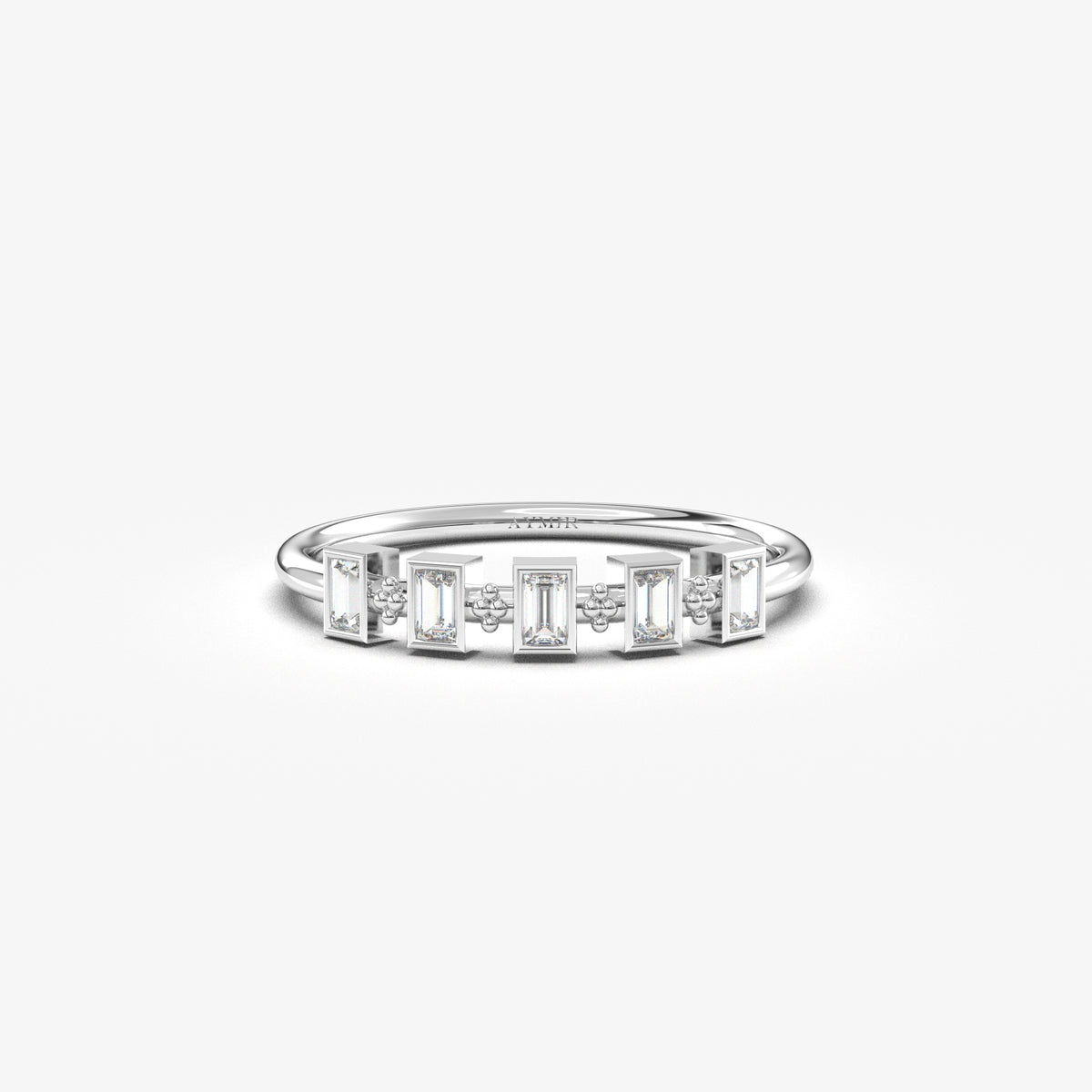 18K white gold five baguette bezel ring with natural diamonds, front view