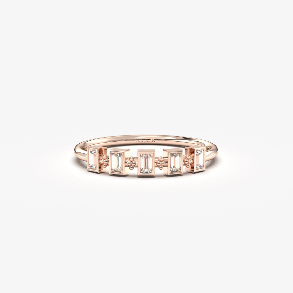 14K rose gold five baguette bezel ring with natural diamonds, front view