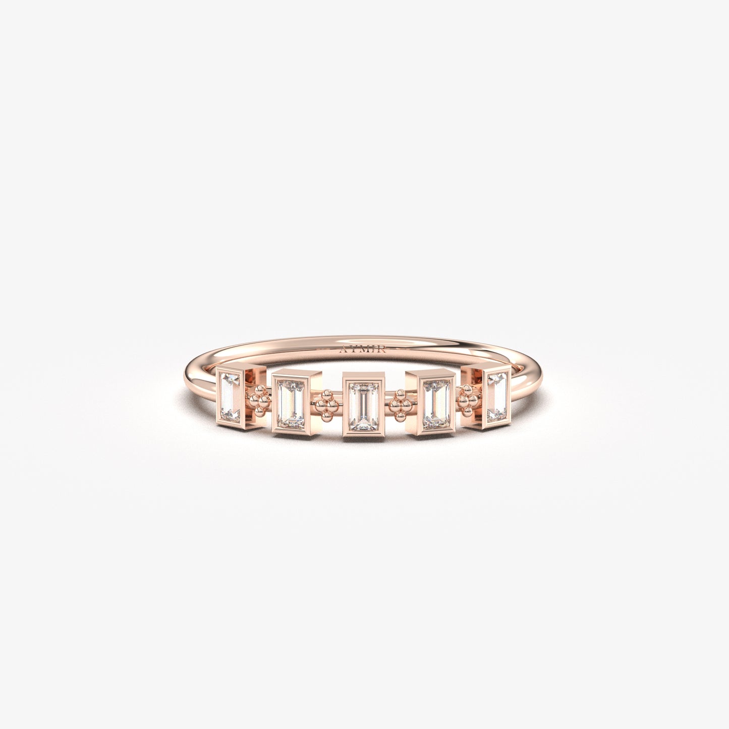 14K rose gold five baguette bezel ring with cubic zirconia, front view