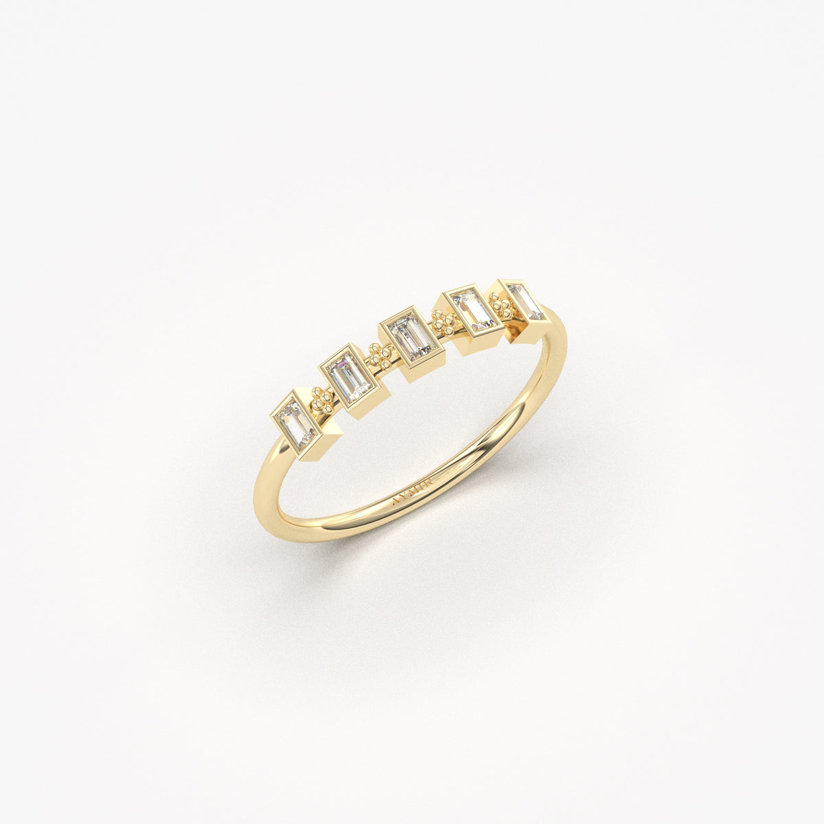 18K yellow gold five baguette bezel ring with cubic zirconia, side view