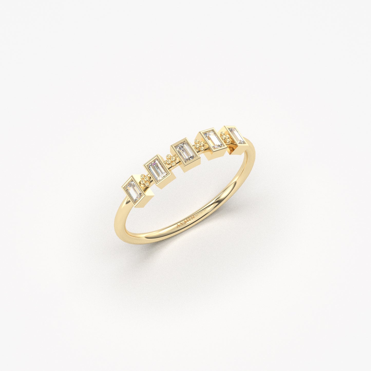 14K yellow gold five baguette bezel ring with cubic zirconia, side view
