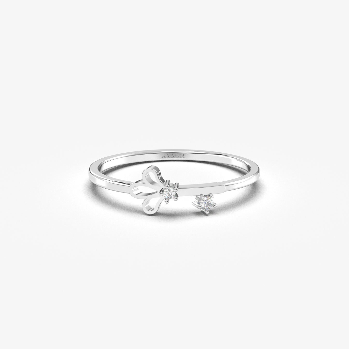 14K white gold mini petal ring with natural diamonds, front view