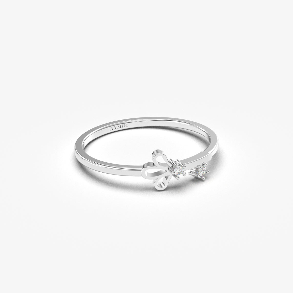 18K white gold mini petal ring with natural diamonds, angled view