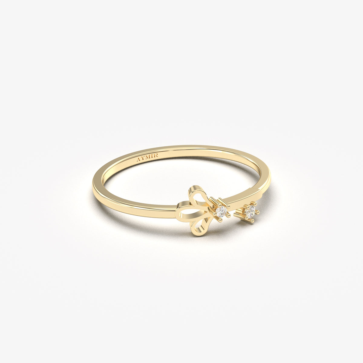 14K yellow gold mini petal ring with natural diamonds, angled view