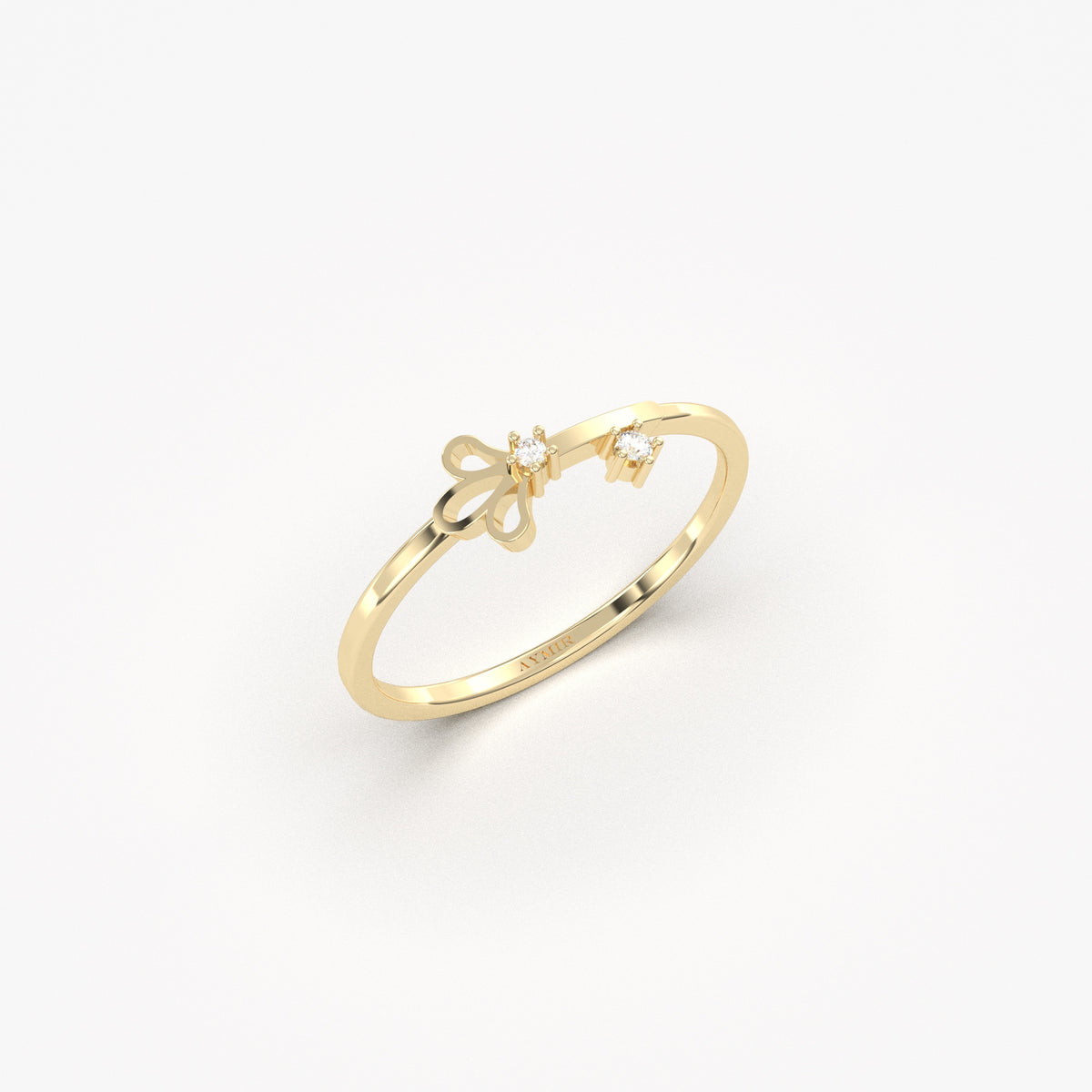 14K yellow gold mini petal ring with natural diamonds, side view