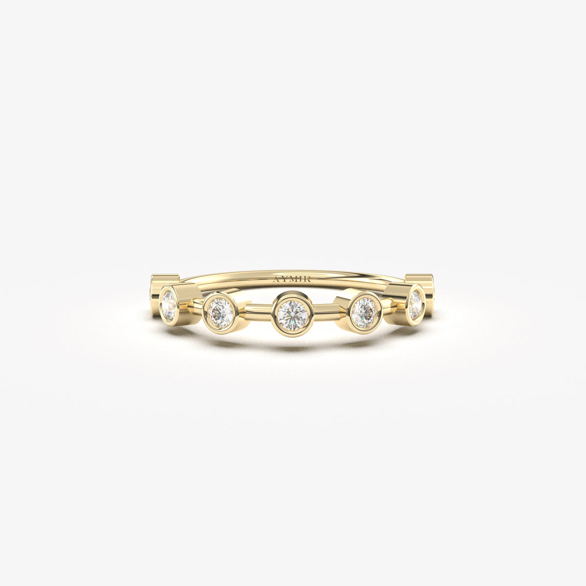 14K yellow gold seven stone bezel ring with natural diamonds, front view