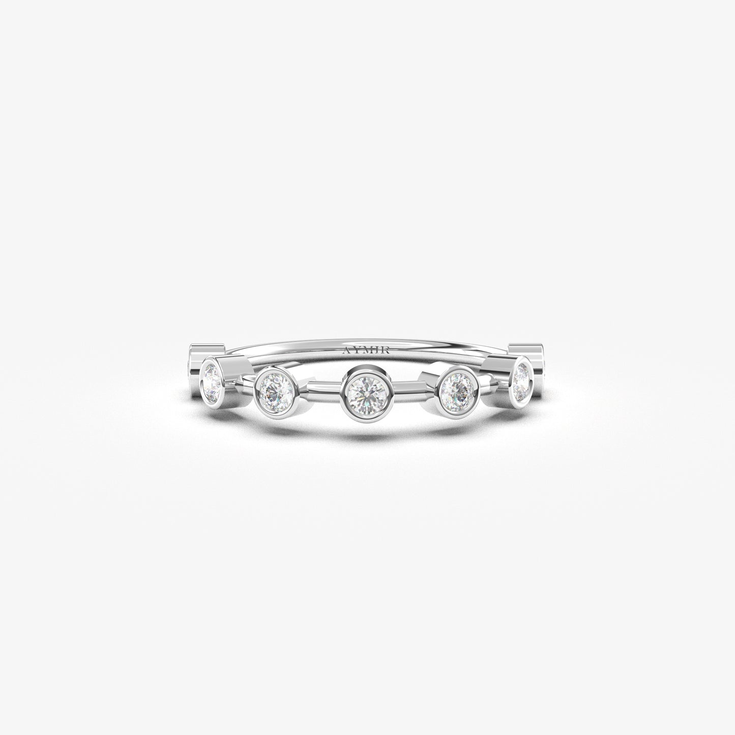14K white gold seven stone bezel ring with cubic zirconia, front view