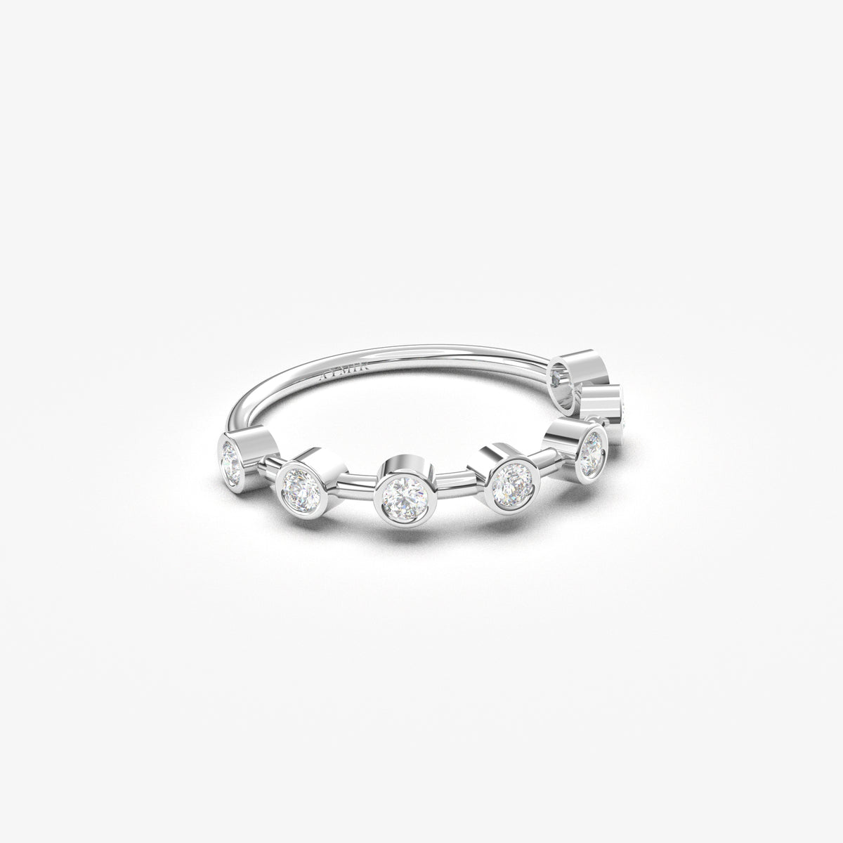 14K white gold seven stone bezel ring with natural diamonds, angled view