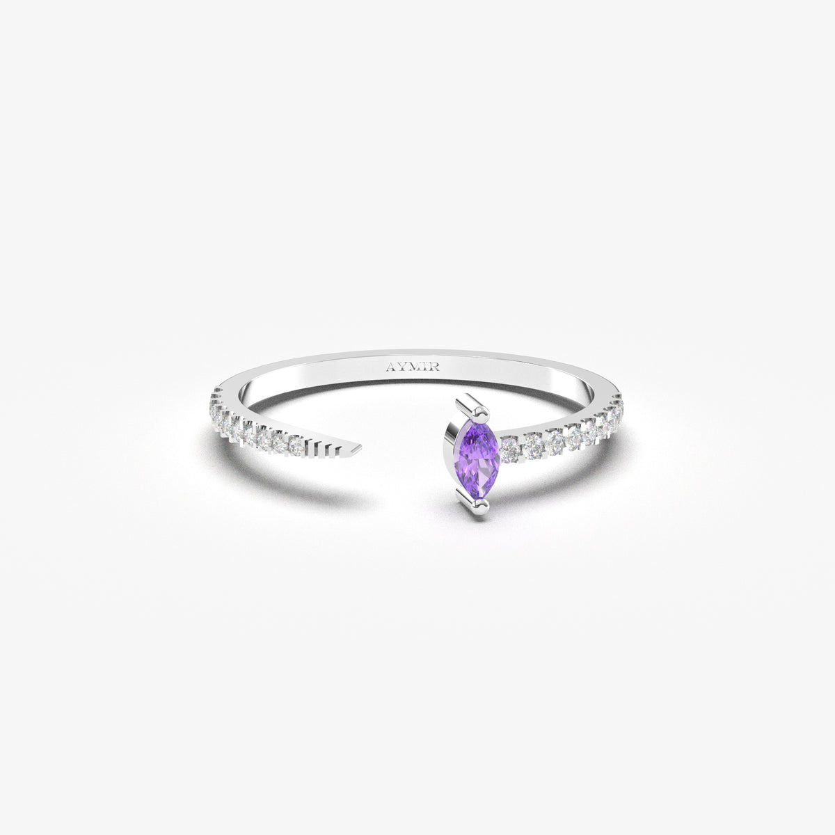 White gold purple-stone open marquise ring, front view