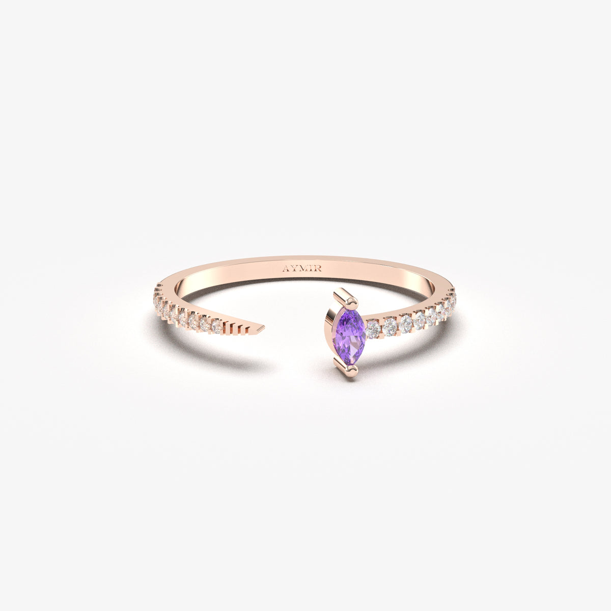 Rose gold purple-stone open marquise ring, front view