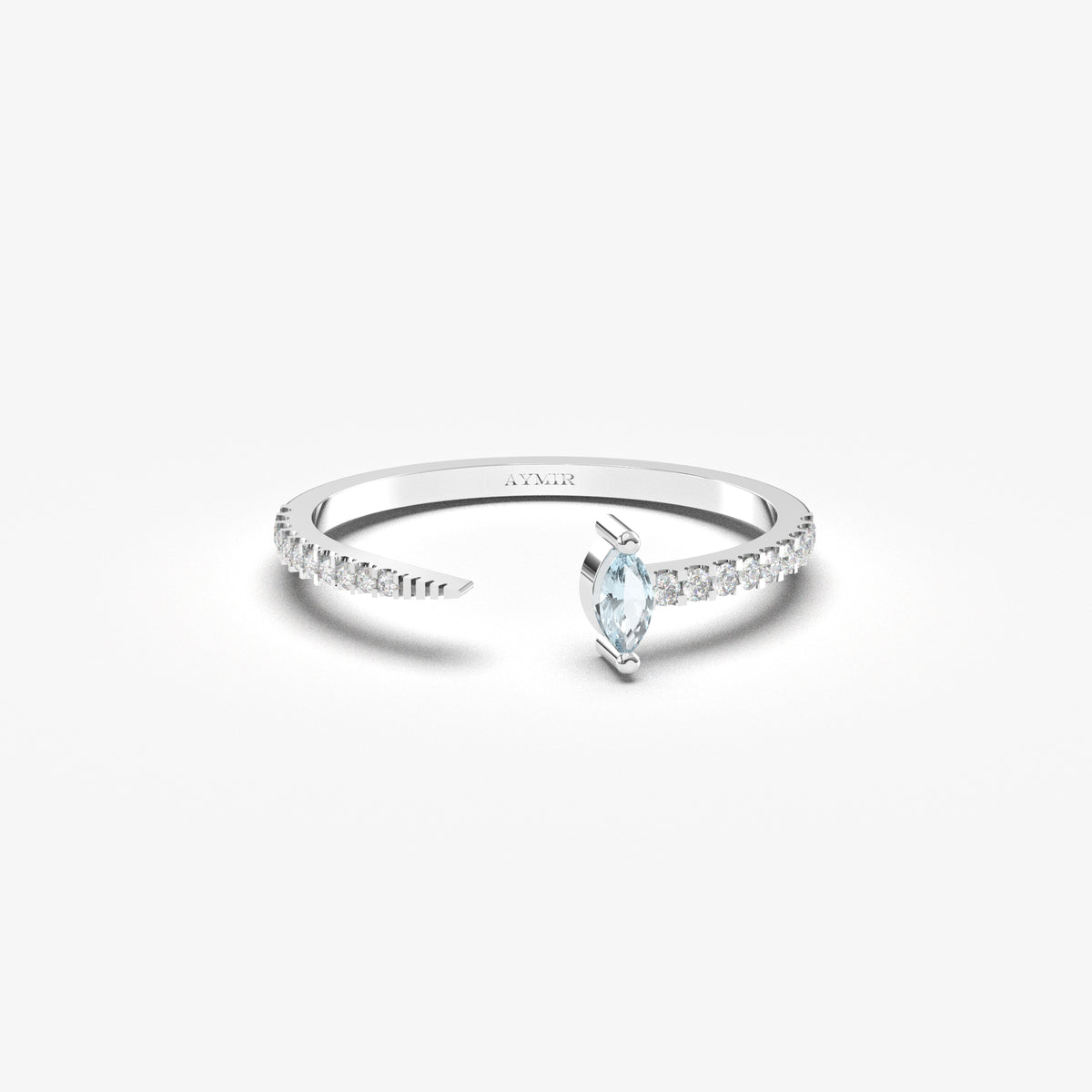 White gold aqua-blue-stone open marquise ring, front view