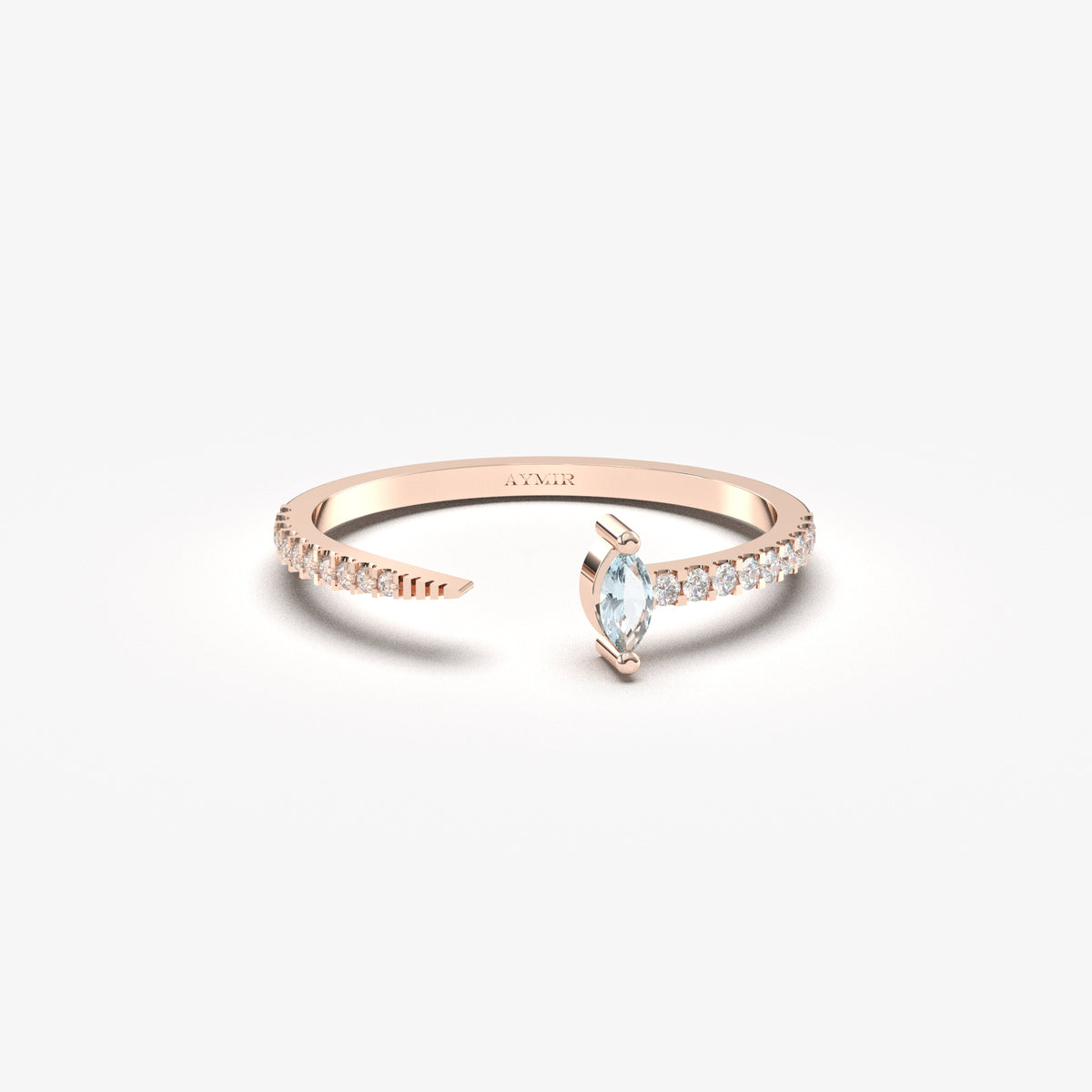 Rose gold aqua-blue-stone open marquise ring, front view