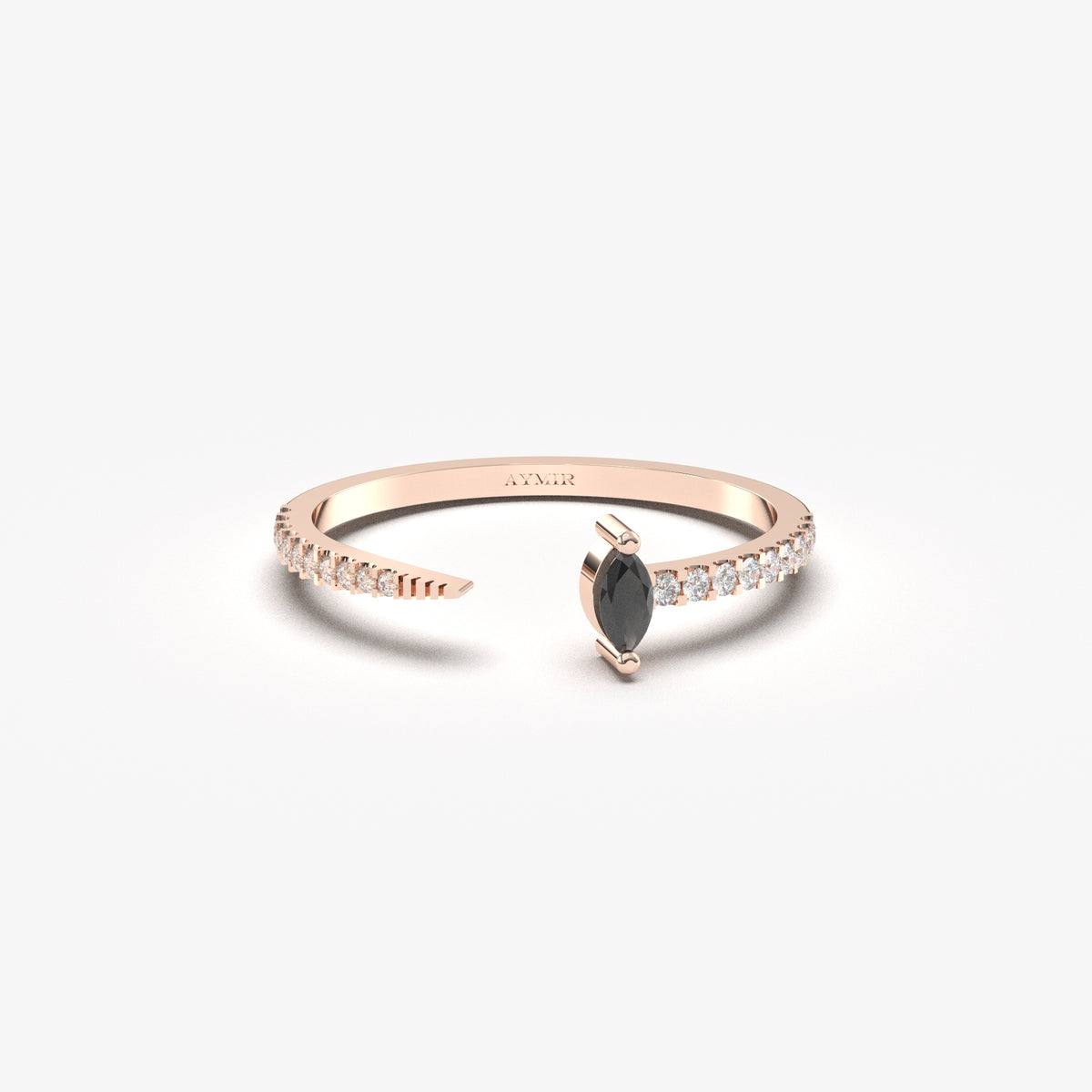 Rose gold black-stone open marquise ring, front view