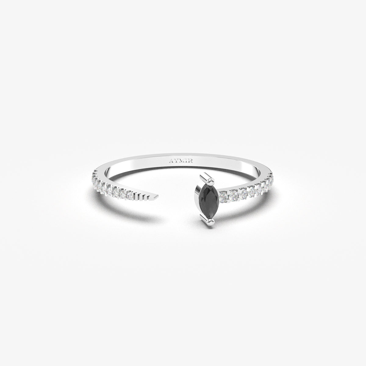 White gold black-stone open marquise ring, front view