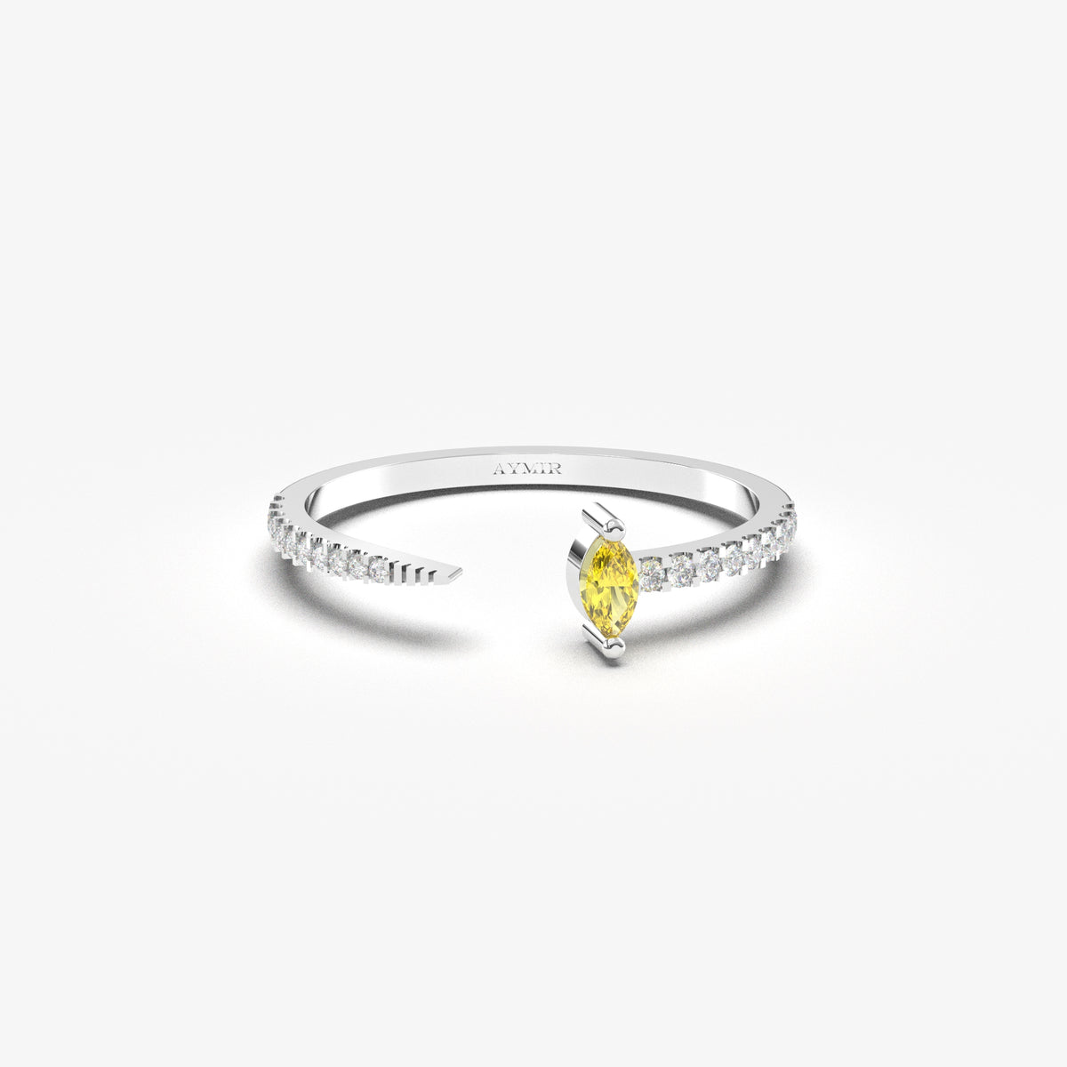 White gold yellow-stone open marquise ring, front view