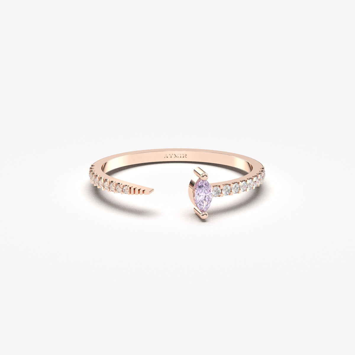 Rose gold lavender-stone open marquise ring, front view