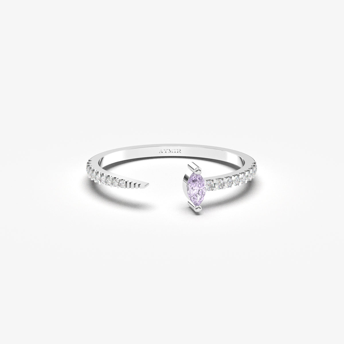 White gold lavender-stone open marquise ring, front view
