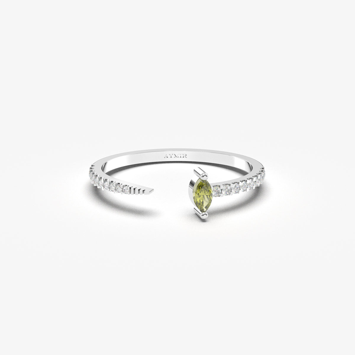 White gold green-stone open marquise ring, front view