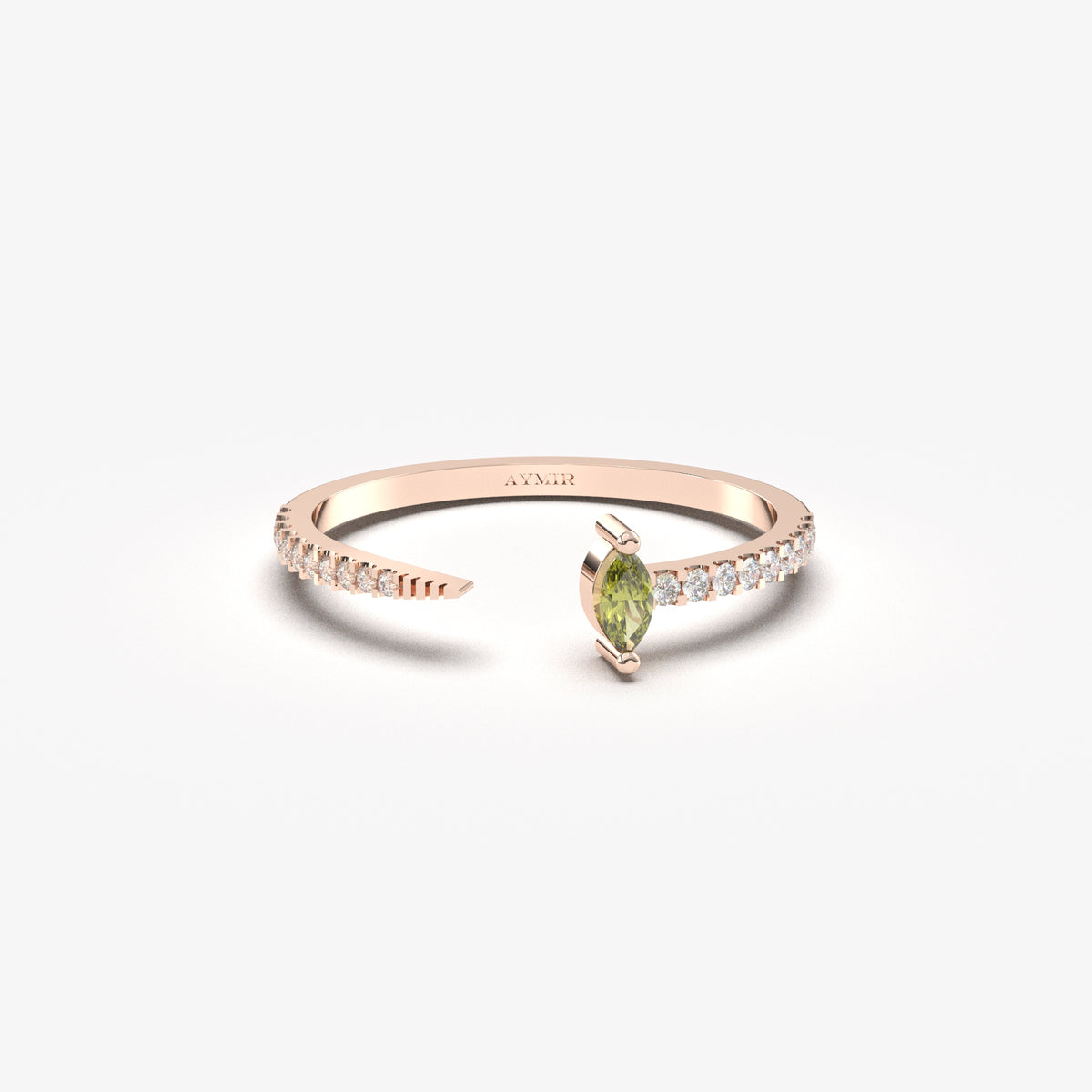 Rose gold green-stone open marquise ring, front view