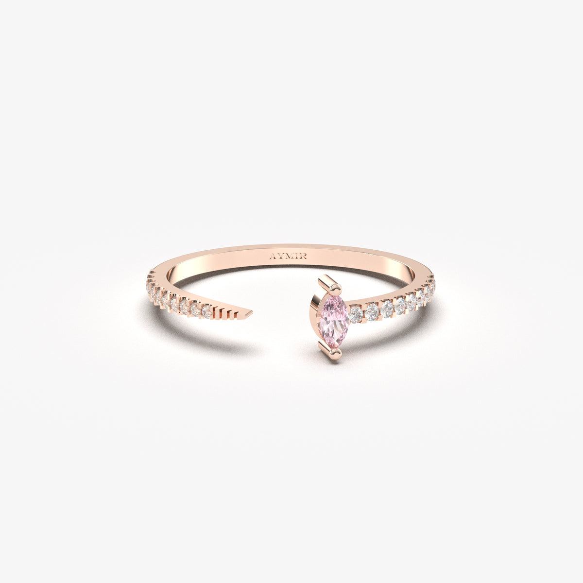 Rose gold pink-stone open marquise ring, front view