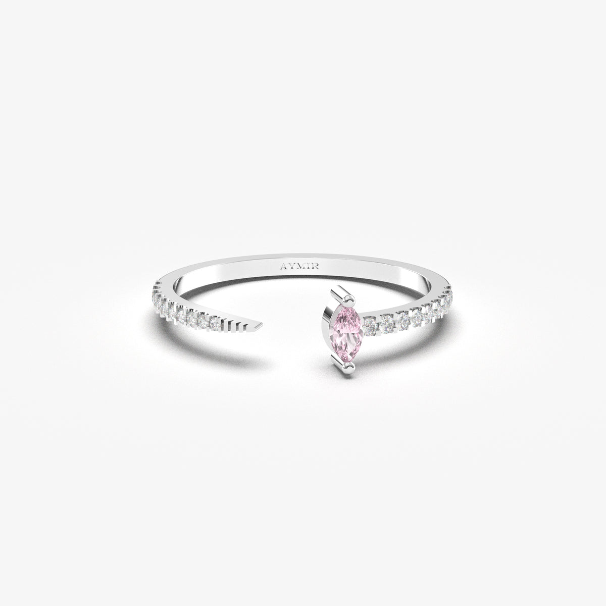White gold pink-stone open marquise ring, front view