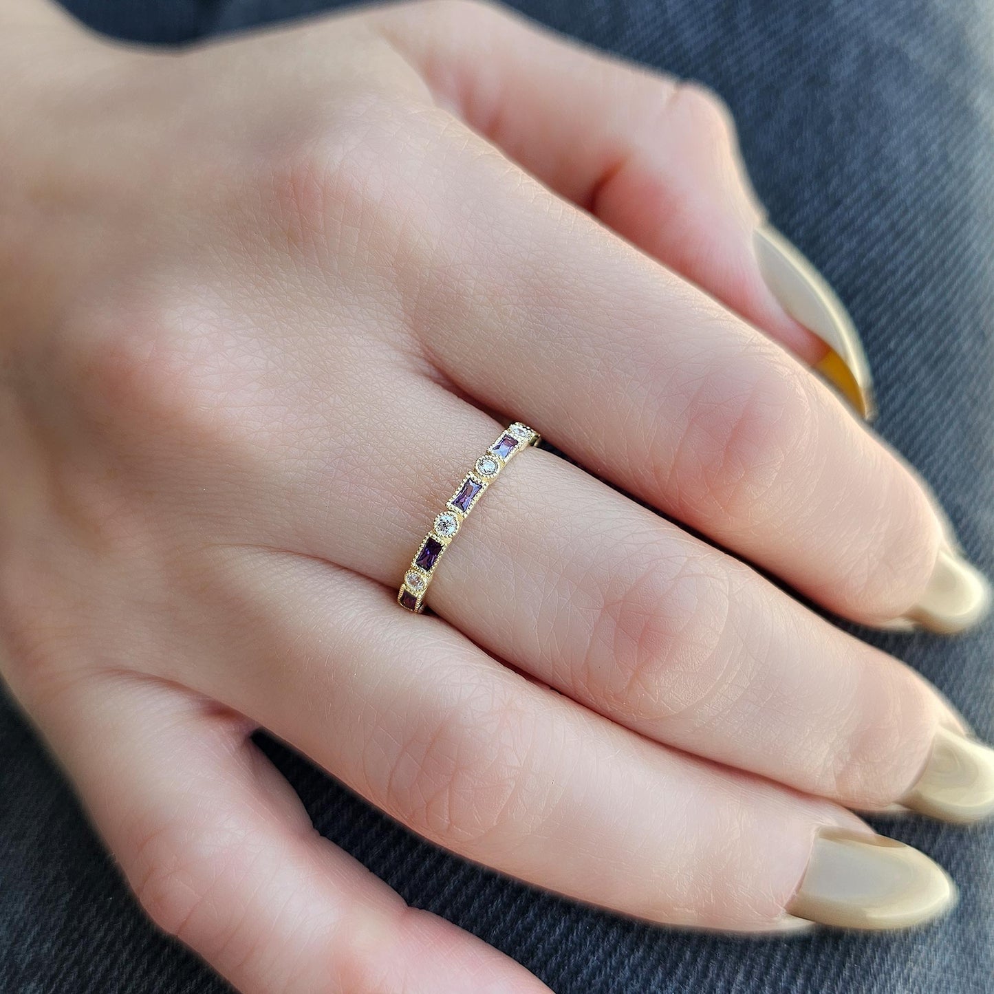 18K Gold Baguette Cut Amethyst and Cz Ring - 2S233AME