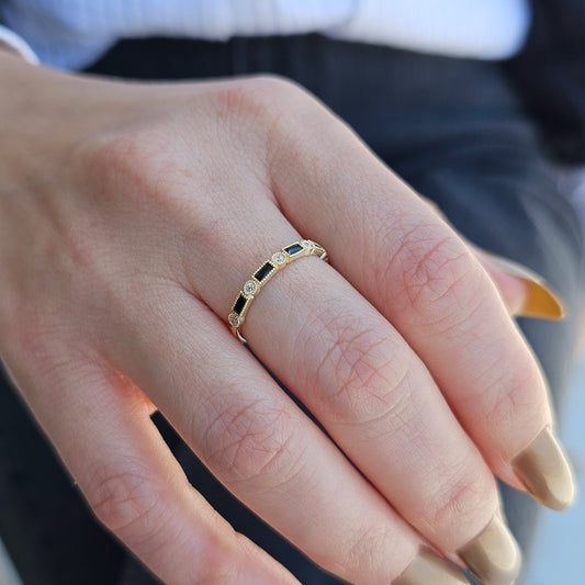18K Gold Baguette Cut Black Onyx and Diamond Ring - 2S233BLK
