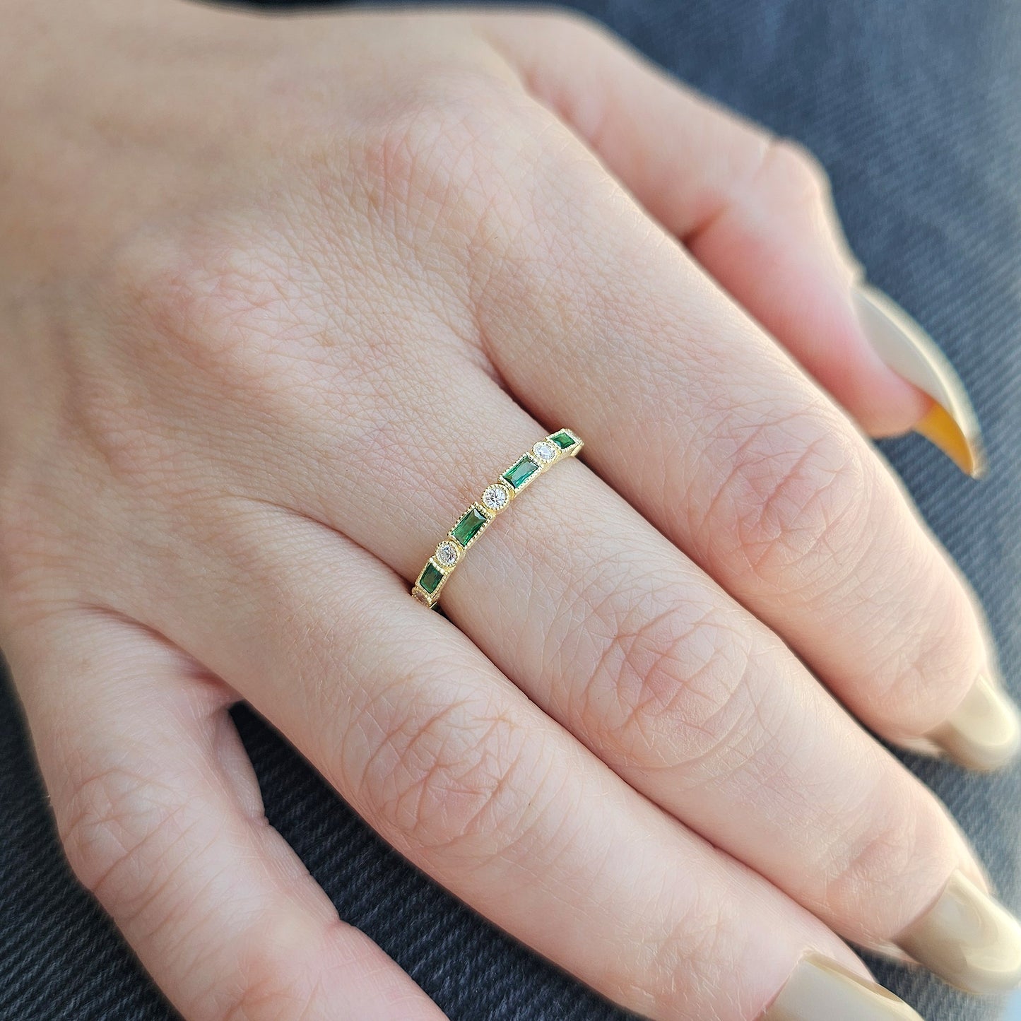 18K Gold Baguette Cut Emerald and Cz Ring - 2S233EME