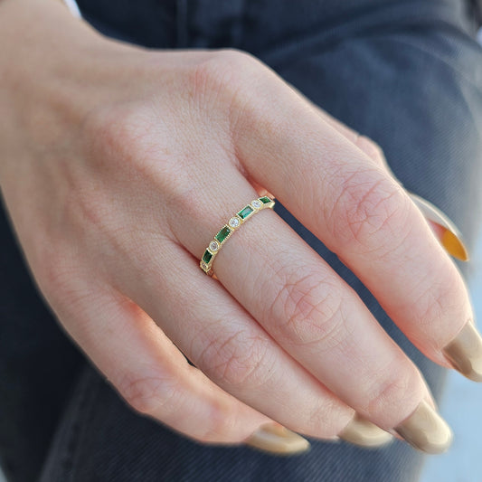 18K Gold Baguette Cut Emerald and Cz Ring - 2S233EME