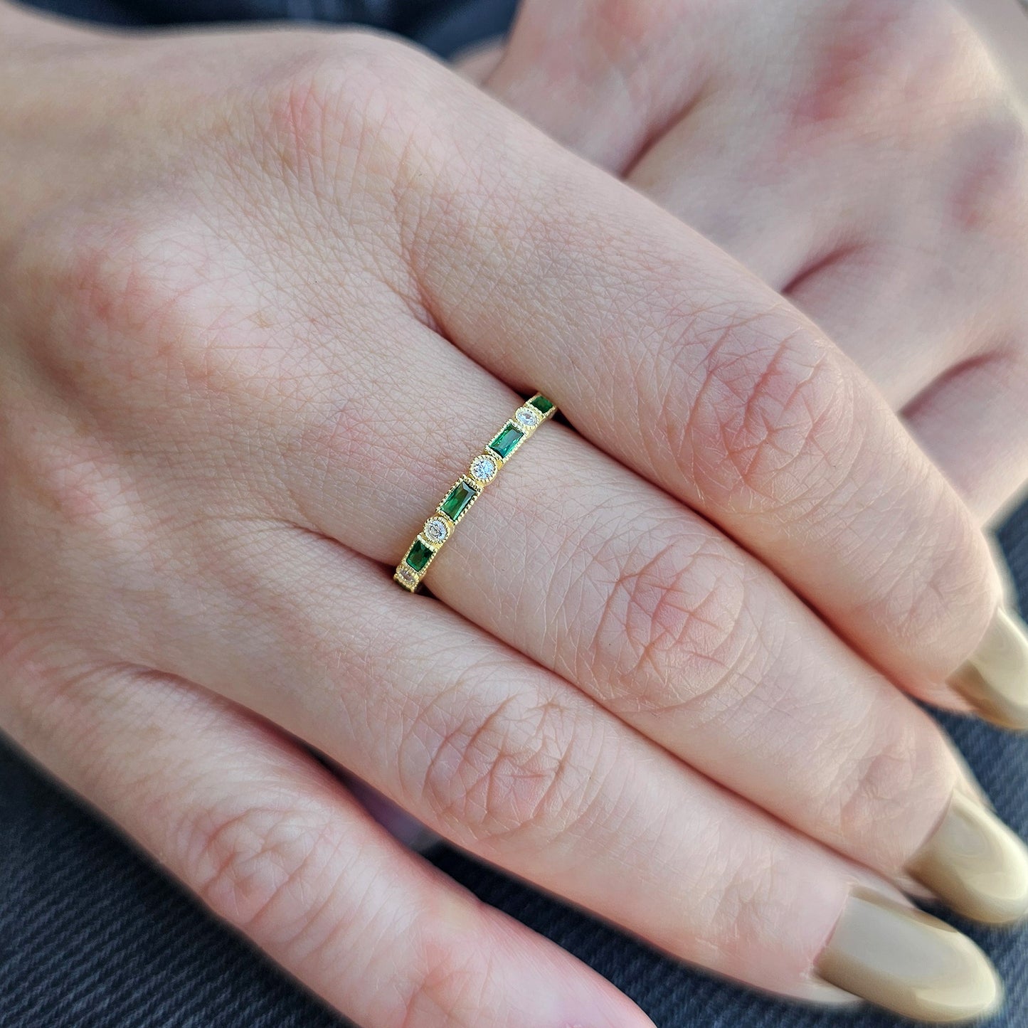 18K Gold Baguette Cut Emerald and Cz Ring - 2S233EME