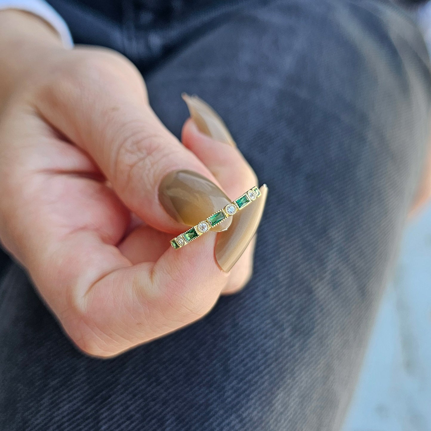 18K Gold Baguette Cut Emerald and Cz Ring - 2S233EME