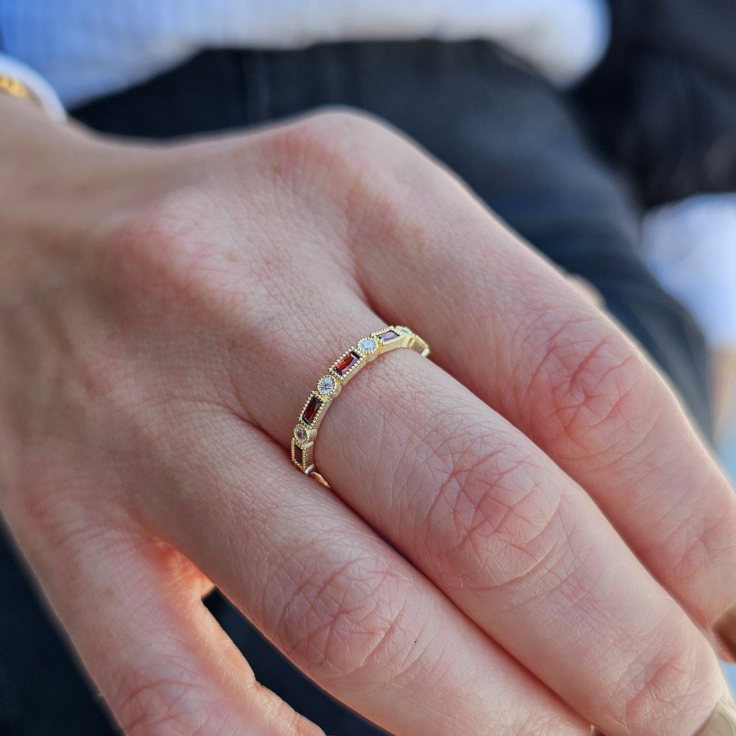 18K Gold Baguette Cut Garnet and Cz Ring - 2S233GAR