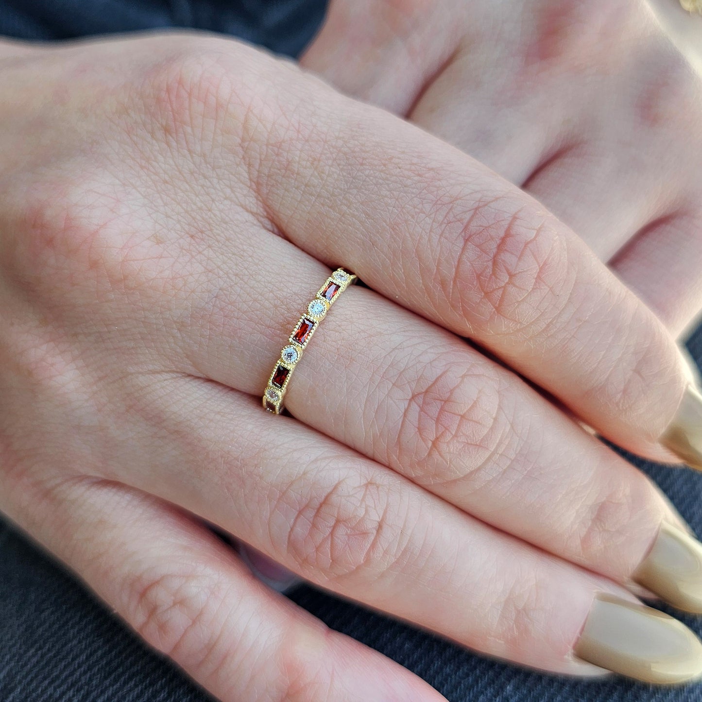 18K Gold Baguette Cut Garnet and Cz Ring - 2S233GAR