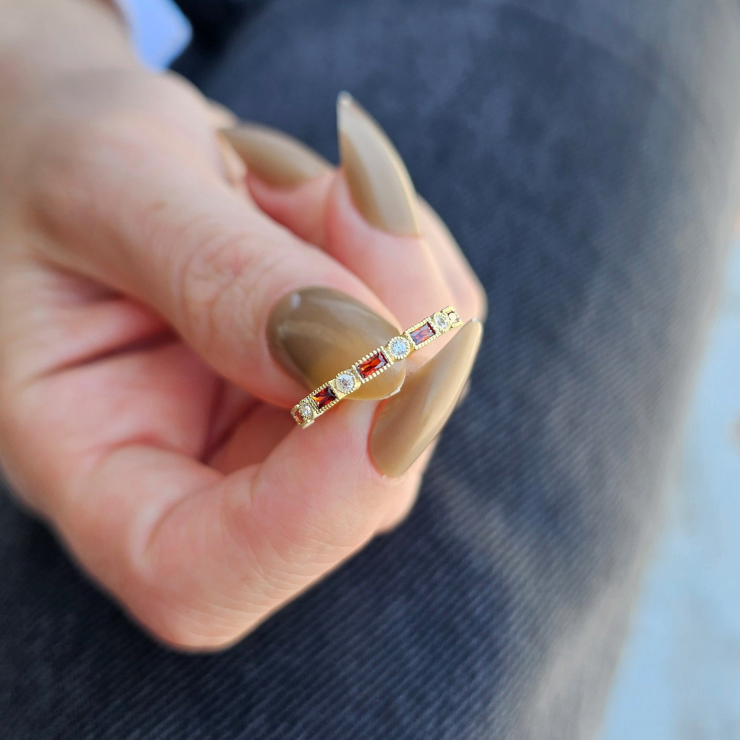 18K Gold Baguette Cut Garnet and Cz Ring - 2S233GAR