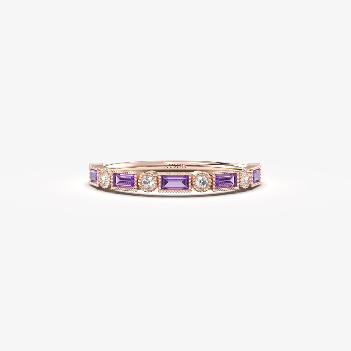 Rose gold purple-stone baguette ring, front view