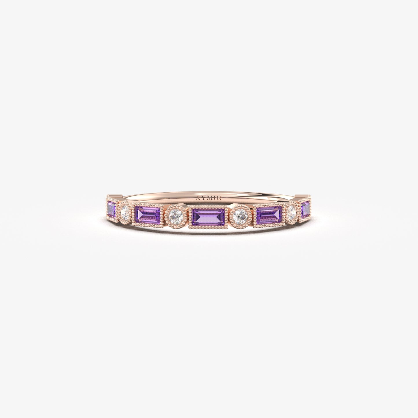18K Gold Baguette Cut Amethyst and Cz Ring - 2S233AME