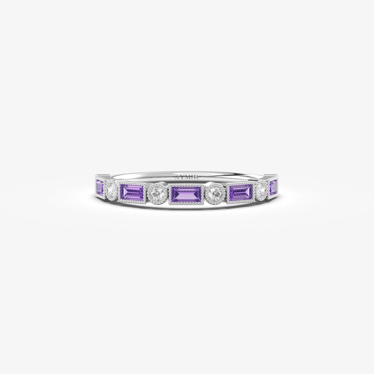 White gold purple-stone baguette ring, front view