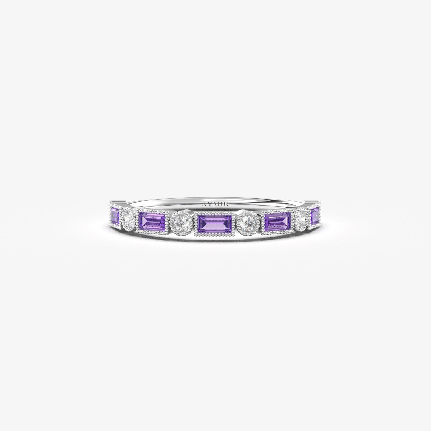 18K Gold Baguette Cut Amethyst and Cz Ring - 2S233AME