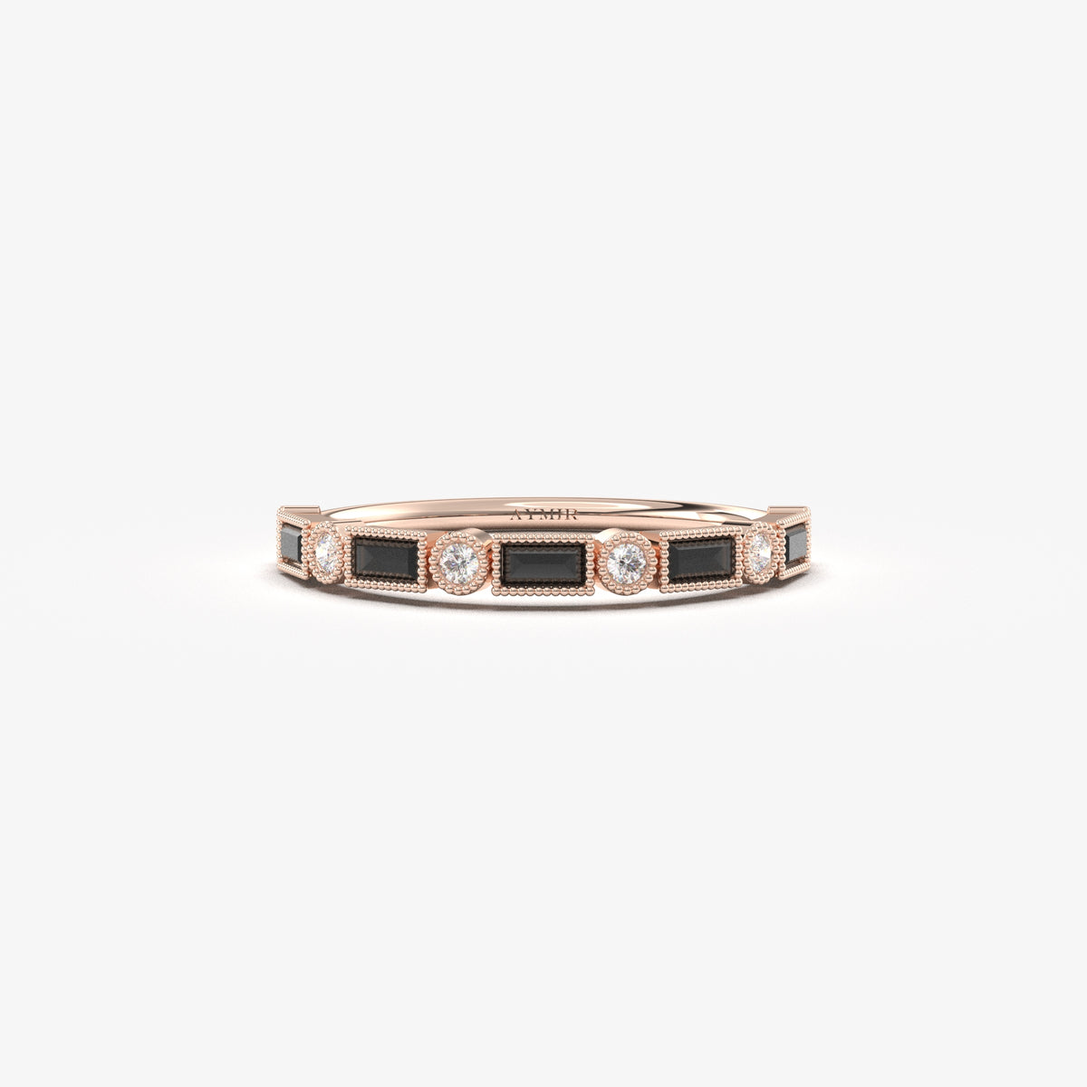 Rose gold black-stone baguette ring, front view