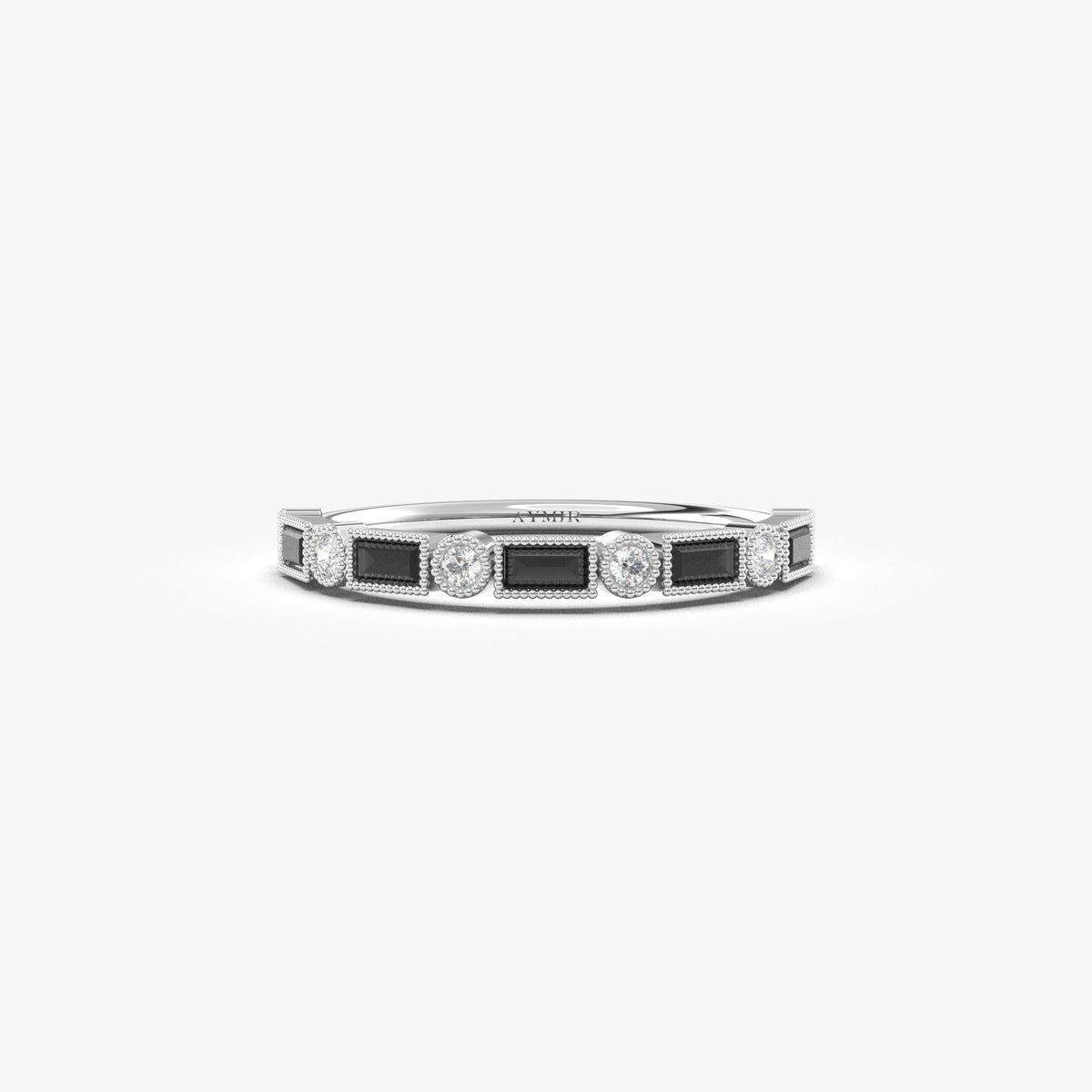 White gold black-stone baguette ring, front view