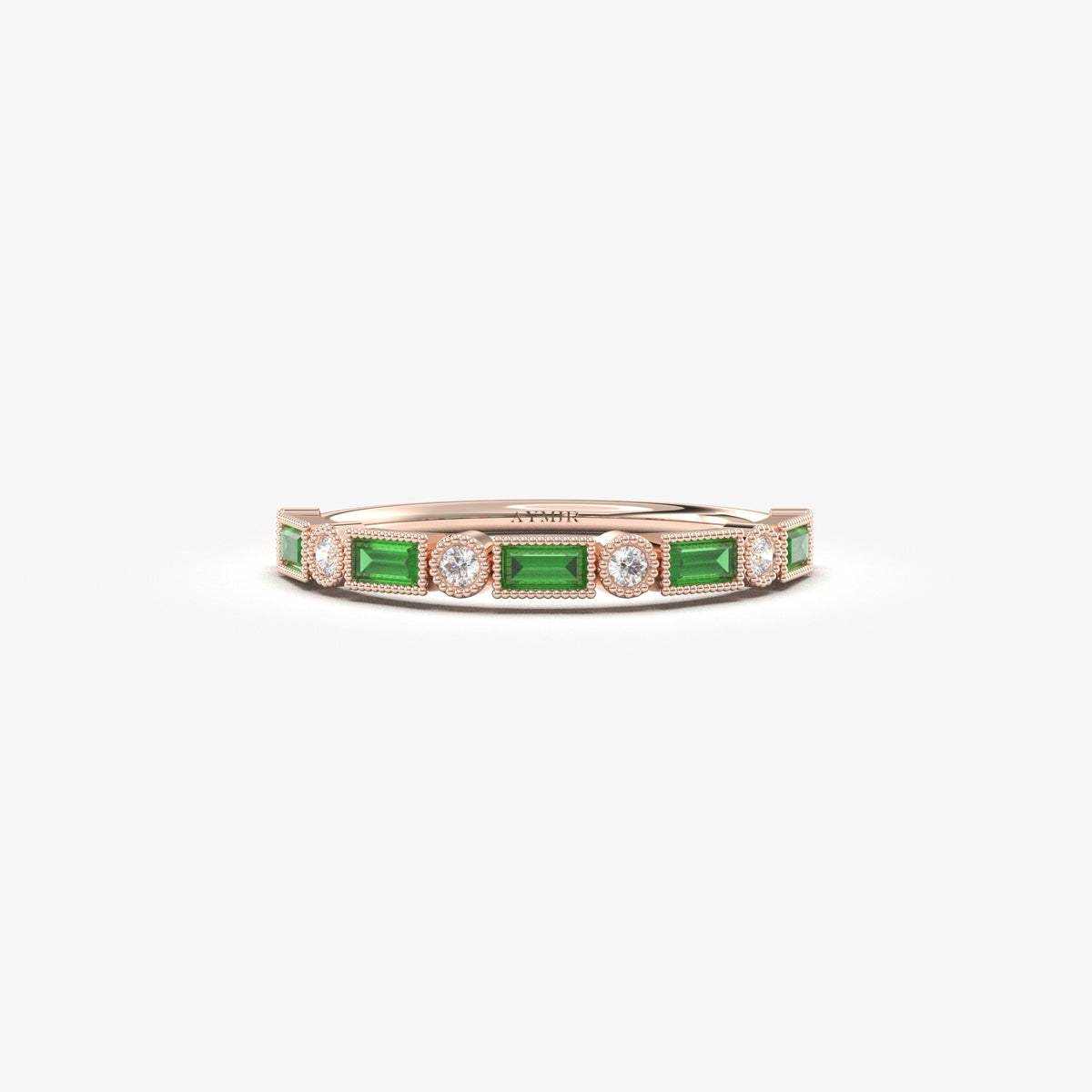 Rose gold green-stone baguette ring, front view