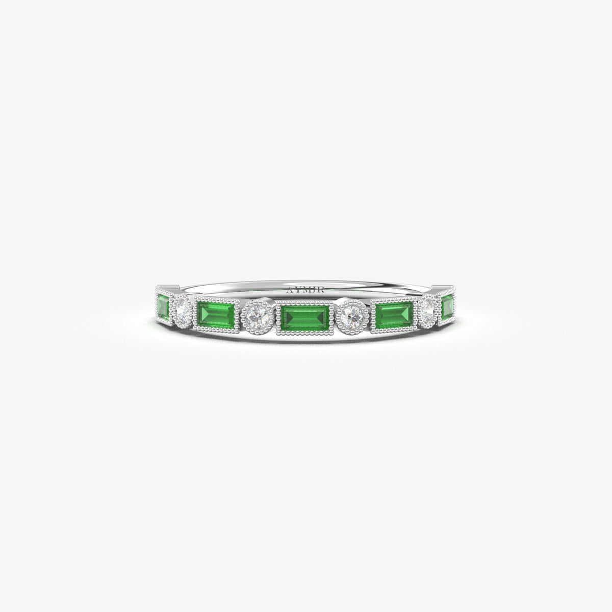 White gold green-stone baguette ring, front view