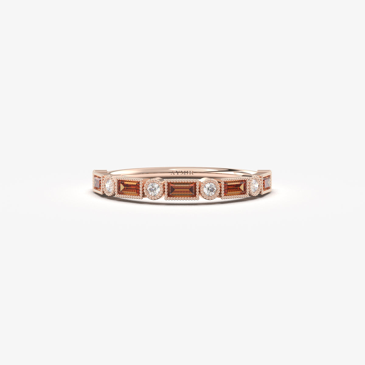 Rose gold dark-red-stone baguette ring, front view