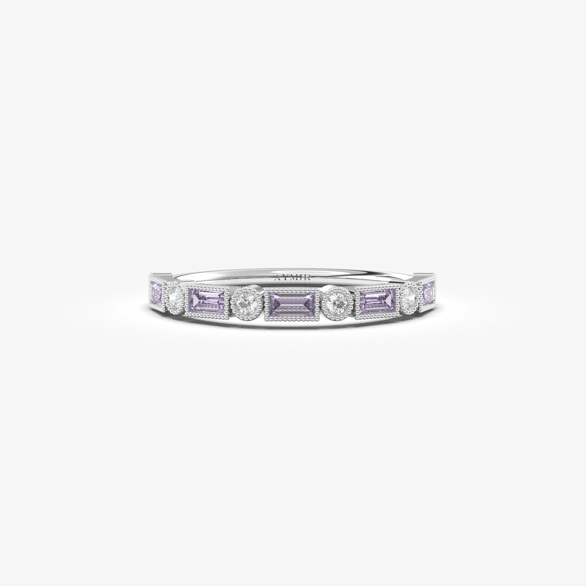 White gold lavender-stone baguette ring, front view