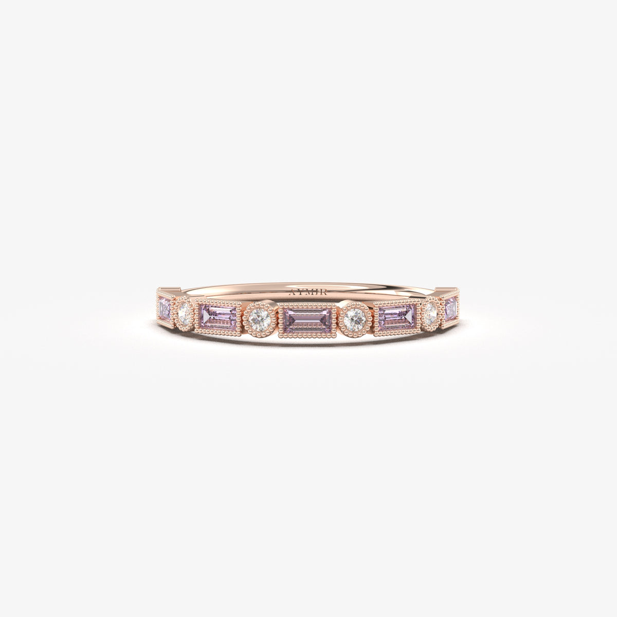 Rose gold lavender-stone baguette ring, front view